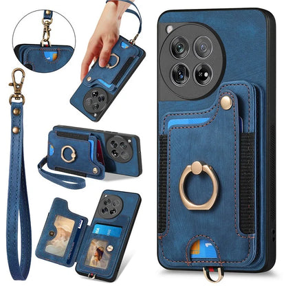 D4 For OnePlus 12 5G Case PU Leather RFID Blocking Back Cover Ring Holder Card Slots