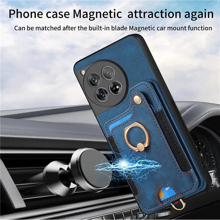 D4 For OnePlus 12 5G Case PU Leather RFID Blocking Back Cover Ring Holder Card Slots