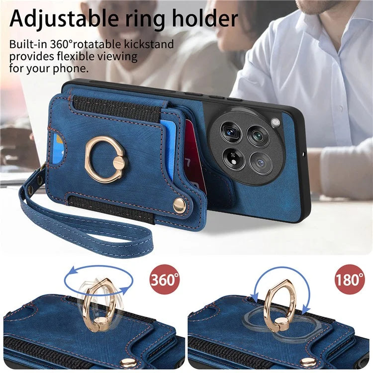 D4 For OnePlus 12 5G Case PU Leather RFID Blocking Back Cover Ring Holder Card Slots