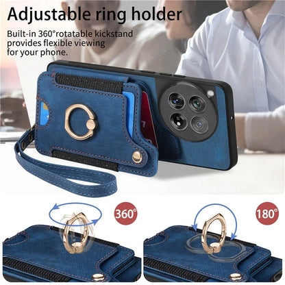 D4 For OnePlus 12 5G Case PU Leather RFID Blocking Back Cover Ring Holder Card Slots