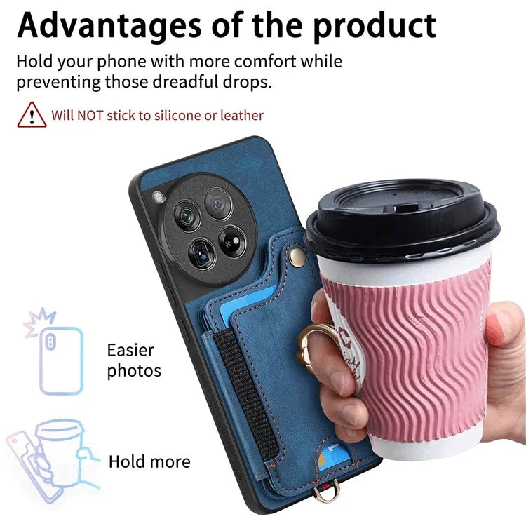 D4 For OnePlus 12 5G Case PU Leather RFID Blocking Back Cover Ring Holder Card Slots