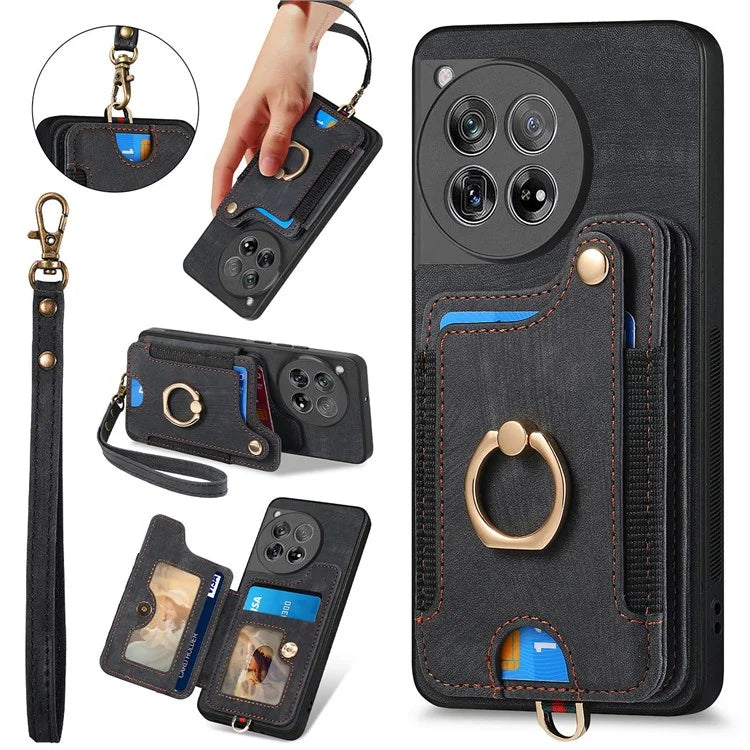 D4 For OnePlus 12 5G Case PU Leather RFID Blocking Back Cover Ring Holder Card Slots