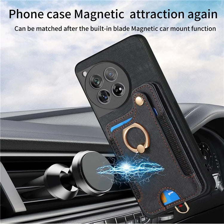 D4 For OnePlus 12 5G Case PU Leather RFID Blocking Back Cover Ring Holder Card Slots