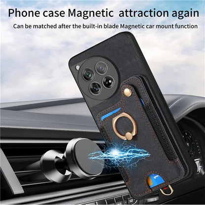 D4 For OnePlus 12 5G Case PU Leather RFID Blocking Back Cover Ring Holder Card Slots