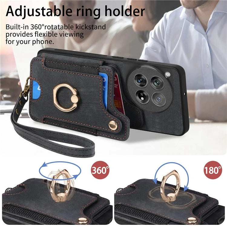 D4 For OnePlus 12 5G Case PU Leather RFID Blocking Back Cover Ring Holder Card Slots