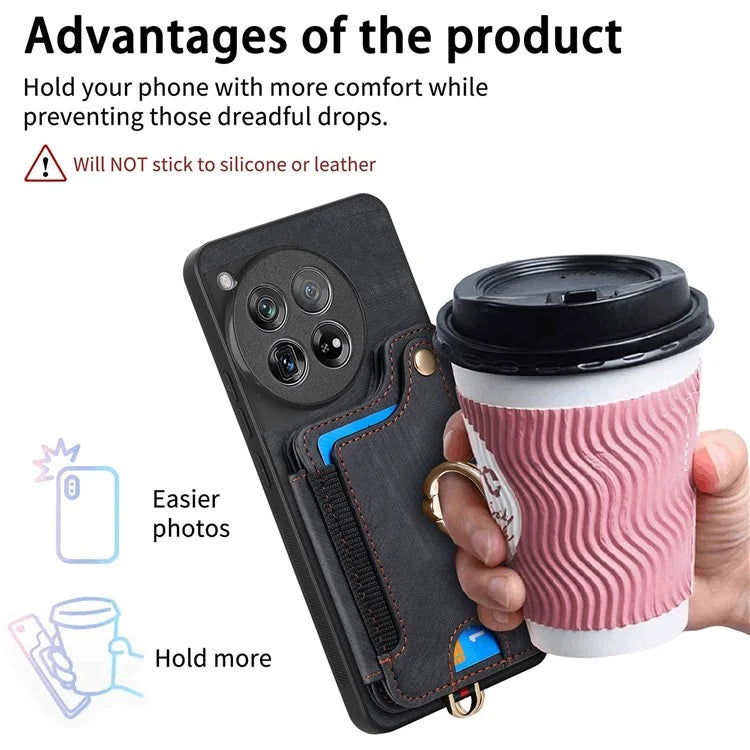 D4 For OnePlus 12 5G Case PU Leather RFID Blocking Back Cover Ring Holder Card Slots