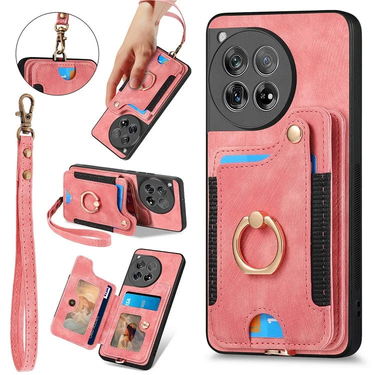 D4 For OnePlus 12 5G Case PU Leather RFID Blocking Back Cover Ring Holder Card Slots
