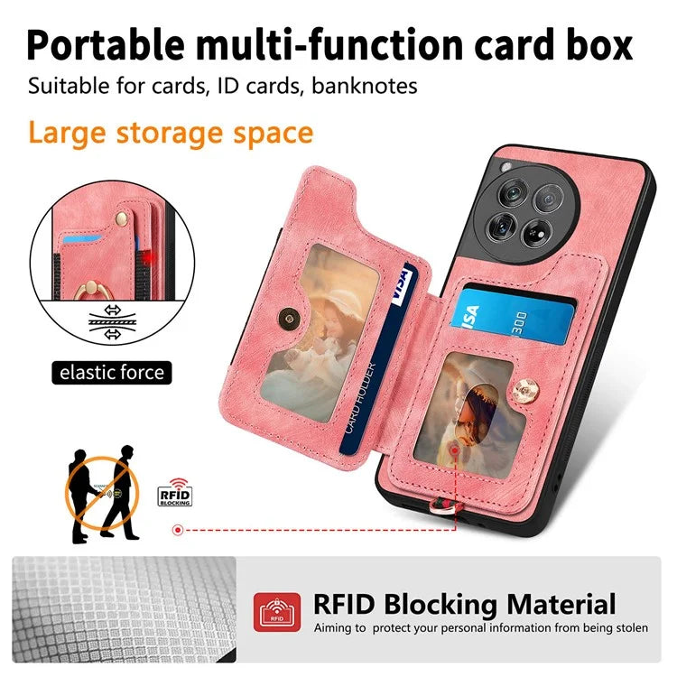 D4 For OnePlus 12 5G Case PU Leather RFID Blocking Back Cover Ring Holder Card Slots