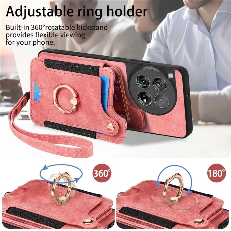 D4 For OnePlus 12 5G Case PU Leather RFID Blocking Back Cover Ring Holder Card Slots