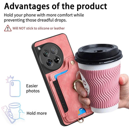 D4 For OnePlus 12 5G Case PU Leather RFID Blocking Back Cover Ring Holder Card Slots