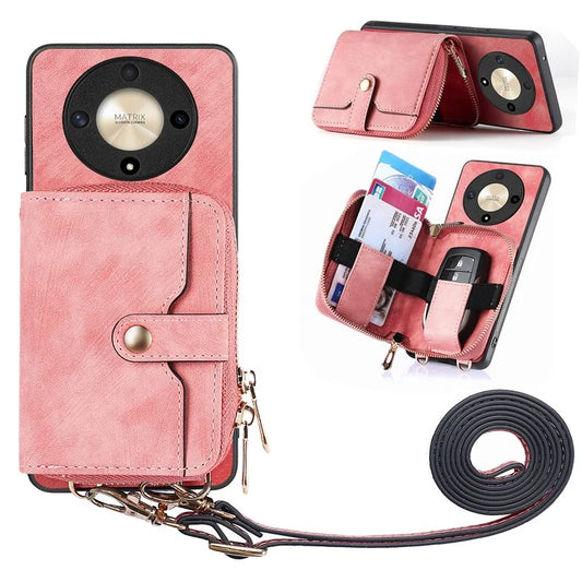 D3 For Honor Magic6 Lite 5G / X9b 5G Case Zipper Card Holder PU Leather Phone Back Cover with Long Strap
