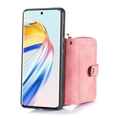 D3 For Honor Magic6 Lite 5G / X9b 5G Case Zipper Card Holder PU Leather Phone Back Cover with Long Strap