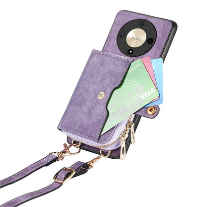 D3 For Honor Magic6 Lite 5G / X9b 5G Case Zipper Card Holder PU Leather Phone Back Cover with Long Strap