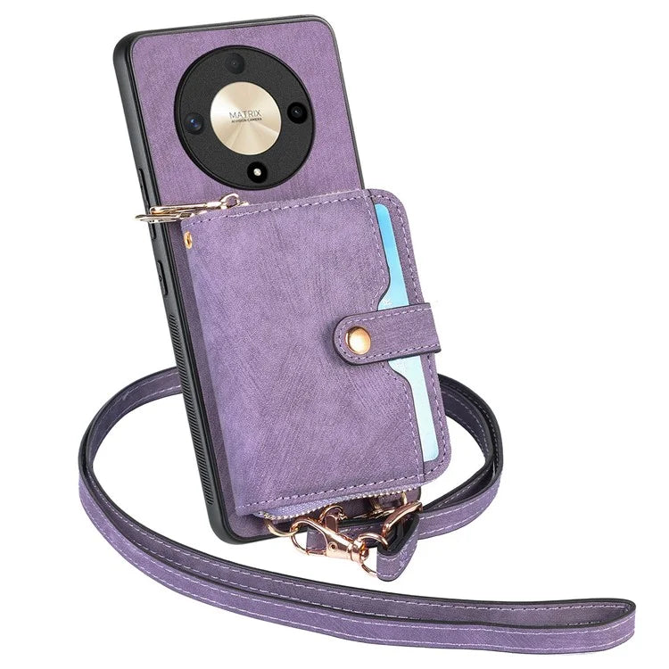 D3 For Honor Magic6 Lite 5G / X9b 5G Case Zipper Card Holder PU Leather Phone Back Cover with Long Strap