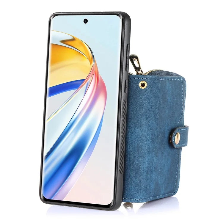 D3 For Honor Magic6 Lite 5G / X9b 5G Case Zipper Card Holder PU Leather Phone Back Cover with Long Strap