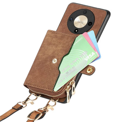 D3 For Honor Magic6 Lite 5G / X9b 5G Case Zipper Card Holder PU Leather Phone Back Cover with Long Strap