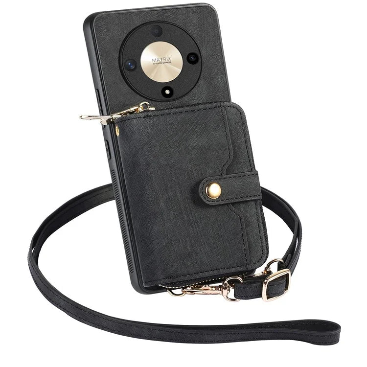 D3 For Honor Magic6 Lite 5G / X9b 5G Case Zipper Card Holder PU Leather Phone Back Cover with Long Strap