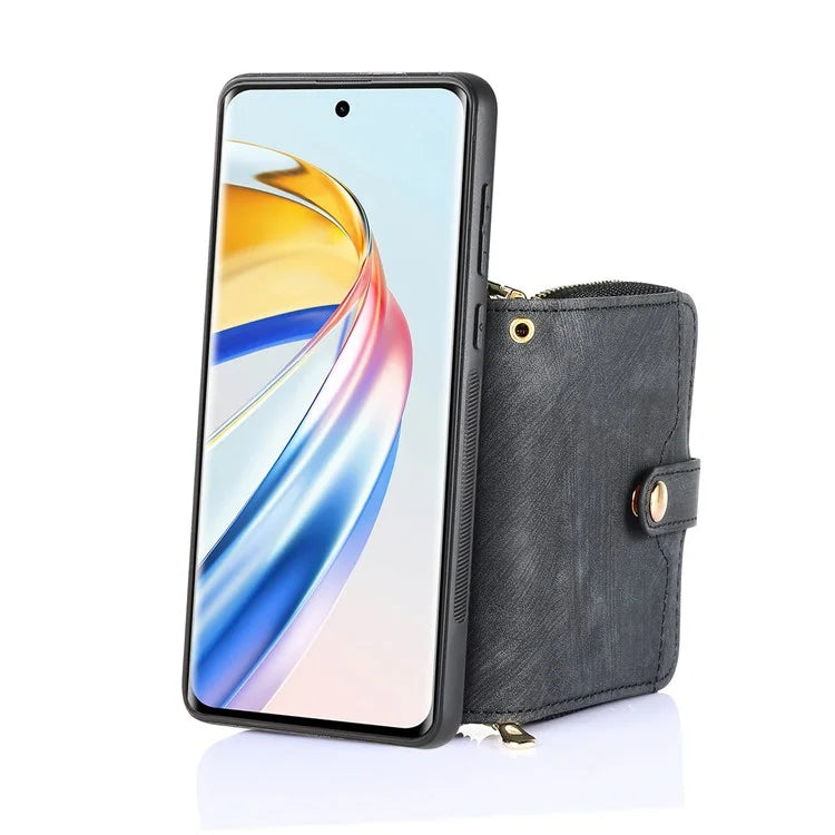 D3 For Honor Magic6 Lite 5G / X9b 5G Case Zipper Card Holder PU Leather Phone Back Cover with Long Strap