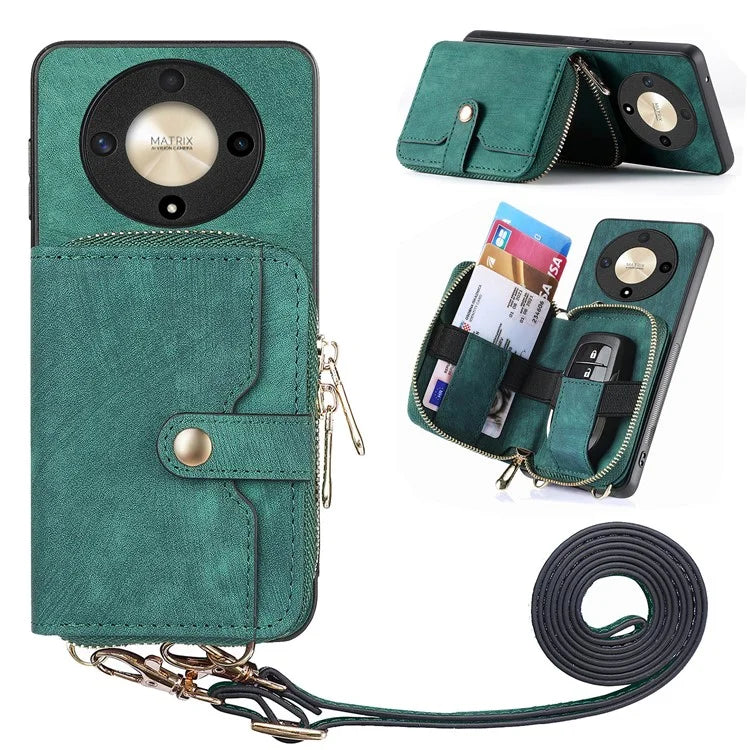 D3 For Honor Magic6 Lite 5G / X9b 5G Case Zipper Card Holder PU Leather Phone Back Cover with Long Strap