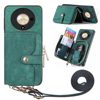 D3 For Honor Magic6 Lite 5G / X9b 5G Case Zipper Card Holder PU Leather Phone Back Cover with Long Strap