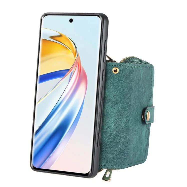 D3 For Honor Magic6 Lite 5G / X9b 5G Case Zipper Card Holder PU Leather Phone Back Cover with Long Strap