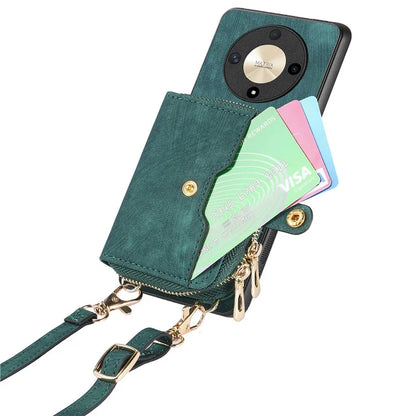 D3 For Honor Magic6 Lite 5G / X9b 5G Case Zipper Card Holder PU Leather Phone Back Cover with Long Strap