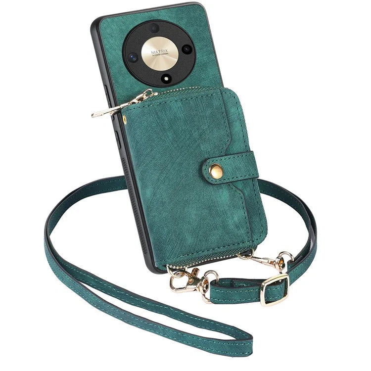 D3 For Honor Magic6 Lite 5G / X9b 5G Case Zipper Card Holder PU Leather Phone Back Cover with Long Strap