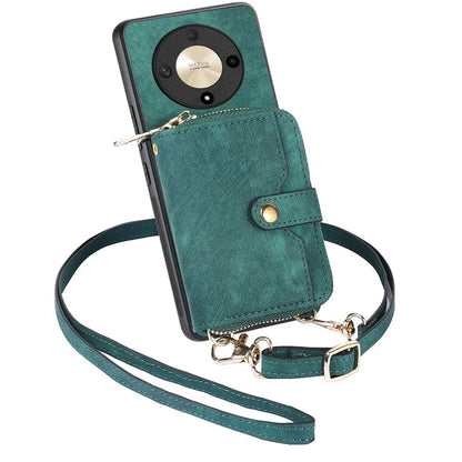 D3 For Honor Magic6 Lite 5G / X9b 5G Case Zipper Card Holder PU Leather Phone Back Cover with Long Strap