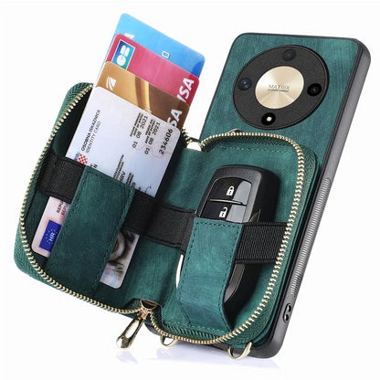 D3 For Honor Magic6 Lite 5G / X9b 5G Case Zipper Card Holder PU Leather Phone Back Cover with Long Strap