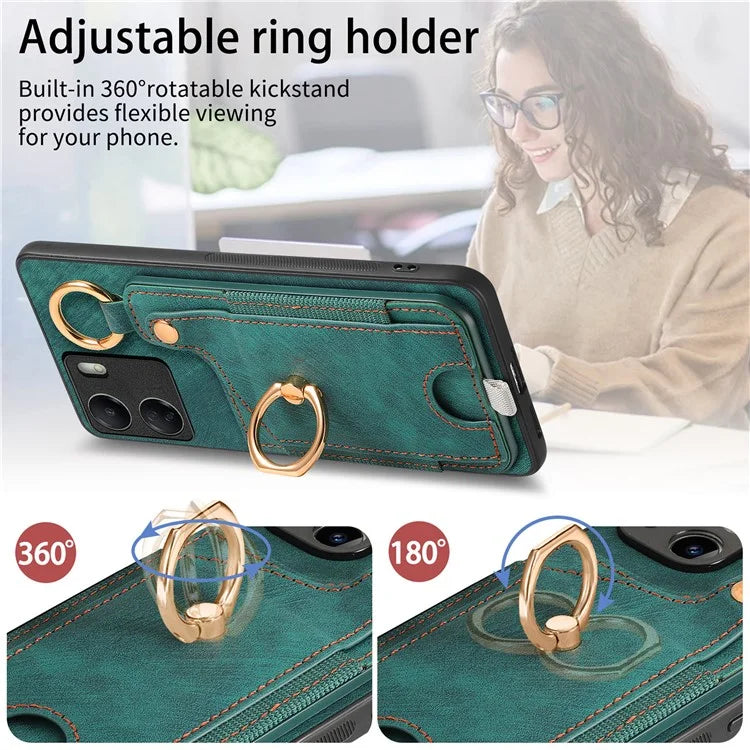 D6 For Xiaomi Redmi 13C 4G / Poco C65 4G Case Ring Holder Card Holder Leather+TPU Cover