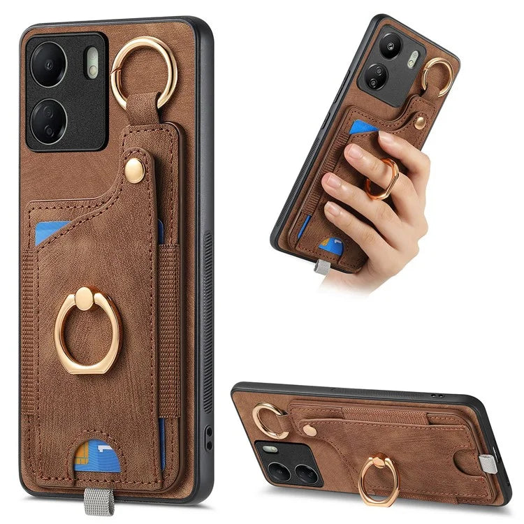 D6 For Xiaomi Redmi 13C 4G / Poco C65 4G Case Ring Holder Card Holder Leather+TPU Cover