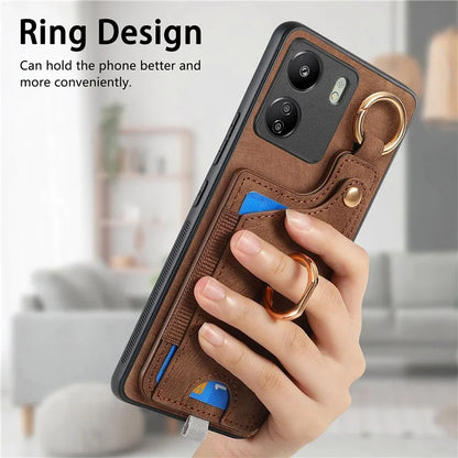 D6 For Xiaomi Redmi 13C 4G / Poco C65 4G Case Ring Holder Card Holder Leather+TPU Cover