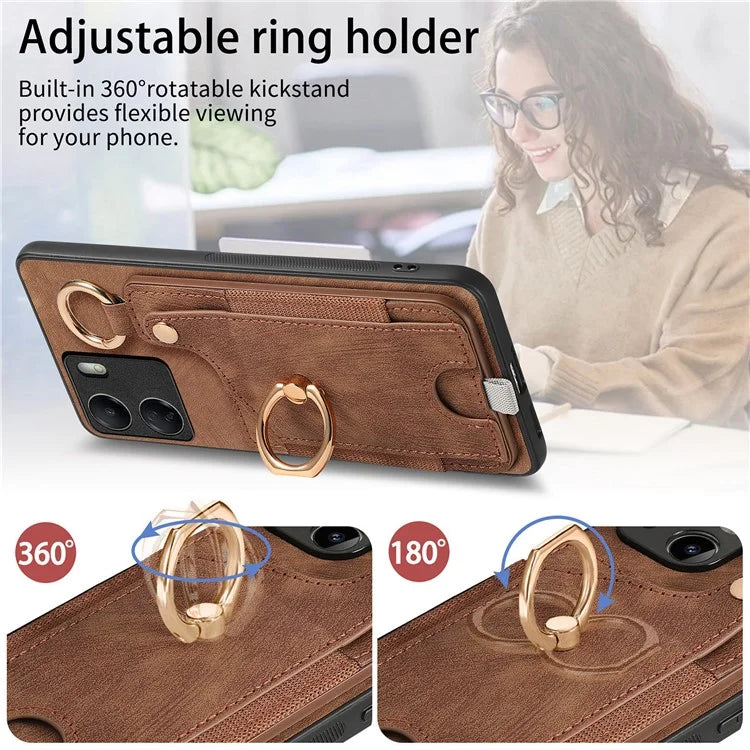 D6 For Xiaomi Redmi 13C 4G / Poco C65 4G Case Ring Holder Card Holder Leather+TPU Cover