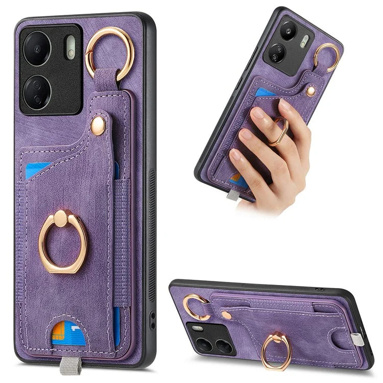 D6 For Xiaomi Redmi 13C 4G / Poco C65 4G Case Ring Holder Card Holder Leather+TPU Cover