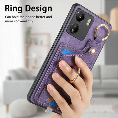 D6 For Xiaomi Redmi 13C 4G / Poco C65 4G Case Ring Holder Card Holder Leather+TPU Cover