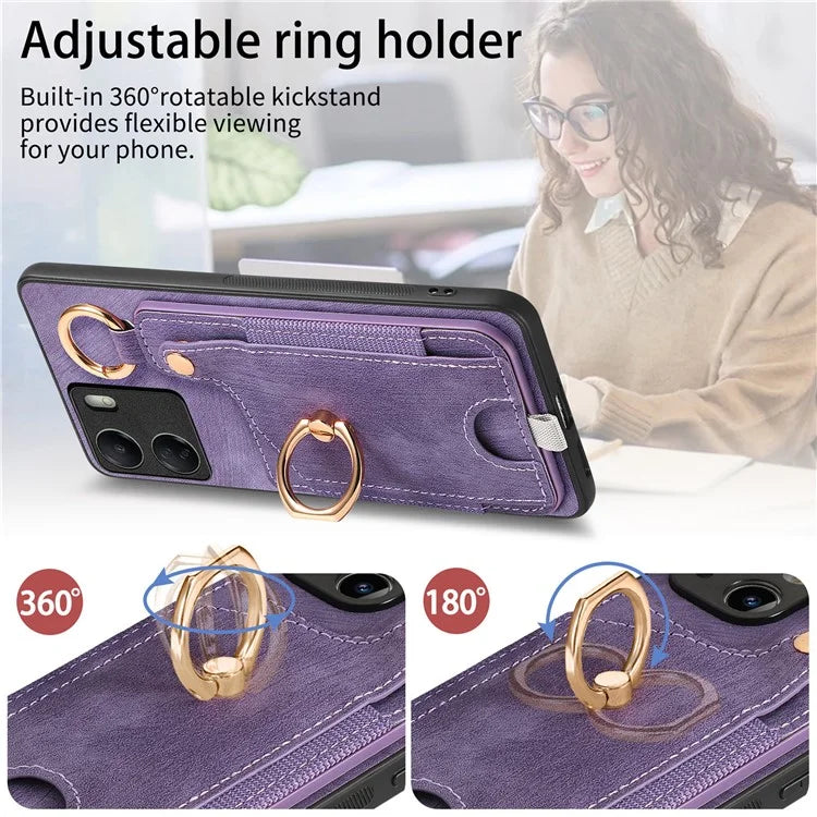 D6 For Xiaomi Redmi 13C 4G / Poco C65 4G Case Ring Holder Card Holder Leather+TPU Cover