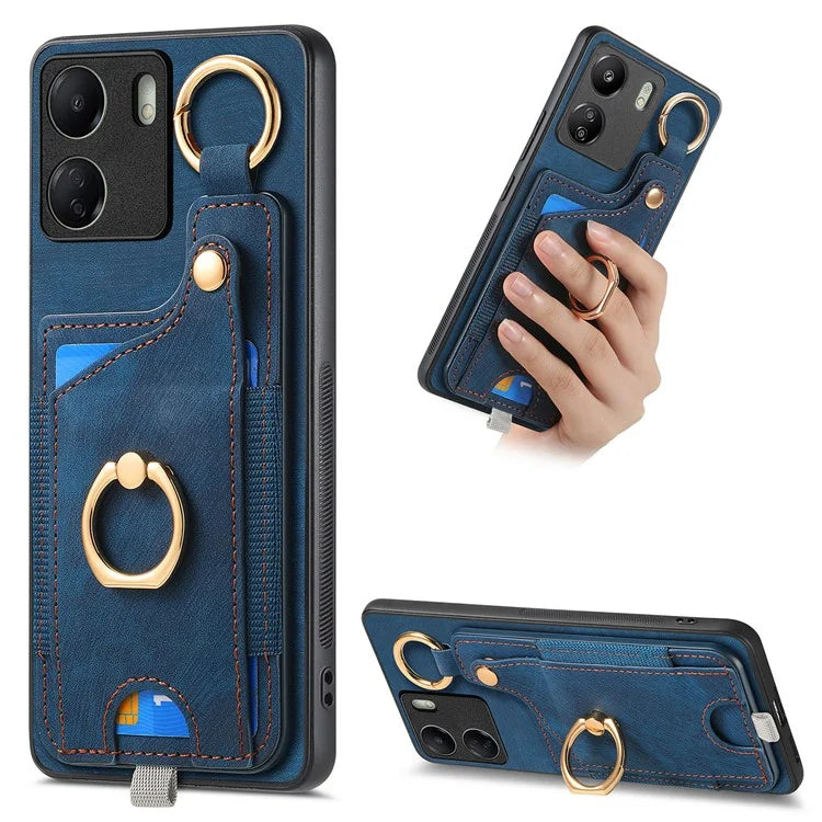 D6 For Xiaomi Redmi 13C 4G / Poco C65 4G Case Ring Holder Card Holder Leather+TPU Cover