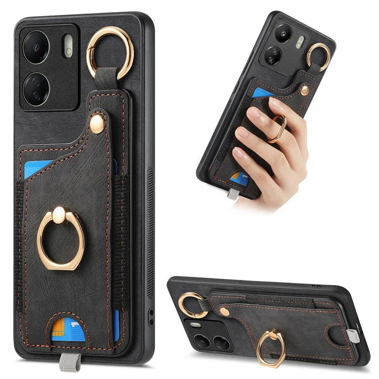 D6 For Xiaomi Redmi 13C 4G / Poco C65 4G Case Ring Holder Card Holder Leather+TPU Cover