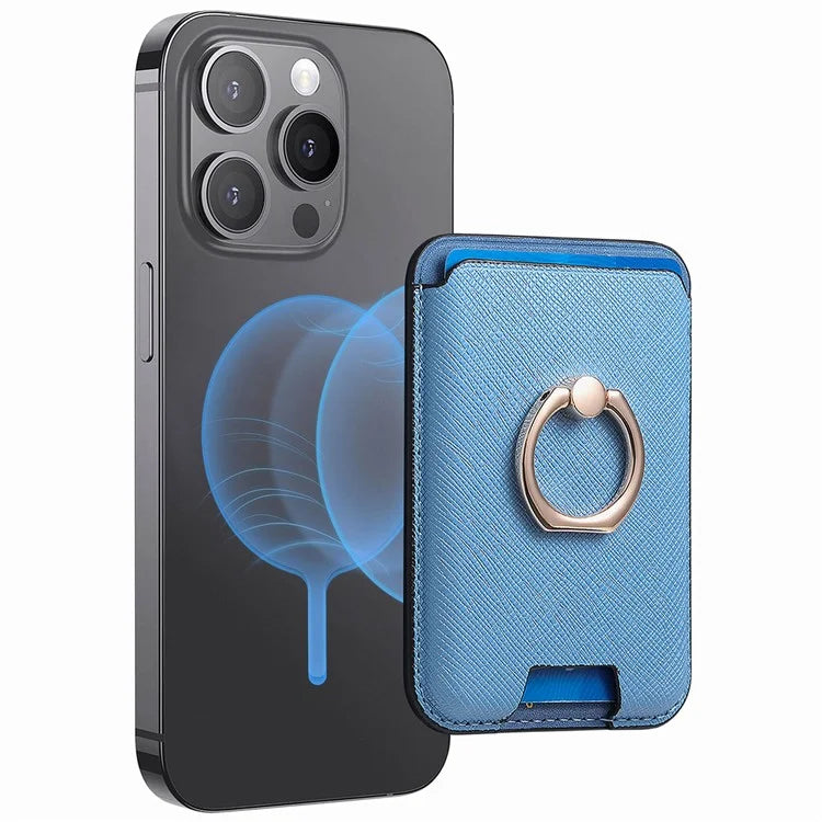 MC-W9 Magnetic Card Holder Ring Holder Kickstand Cross Texture Leather Phone Card Bag