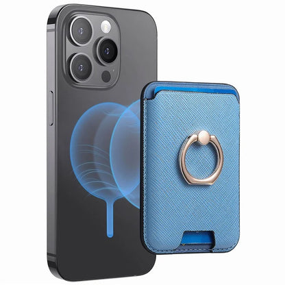 MC-W9 Magnetic Card Holder Ring Holder Kickstand Cross Texture Leather Phone Card Bag