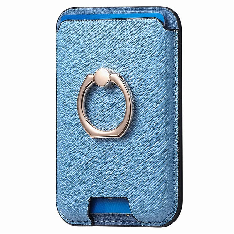 MC-W9 Magnetic Card Holder Ring Holder Kickstand Cross Texture Leather Phone Card Bag