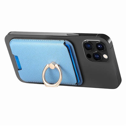 MC-W9 Magnetic Card Holder Ring Holder Kickstand Cross Texture Leather Phone Card Bag
