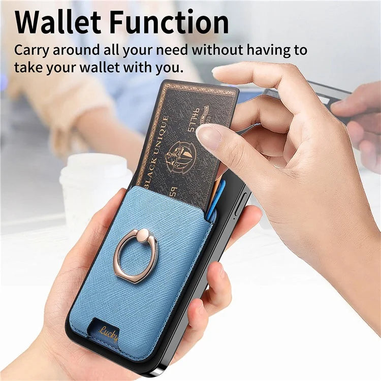 MC-W9 Magnetic Card Holder Ring Holder Kickstand Cross Texture Leather Phone Card Bag