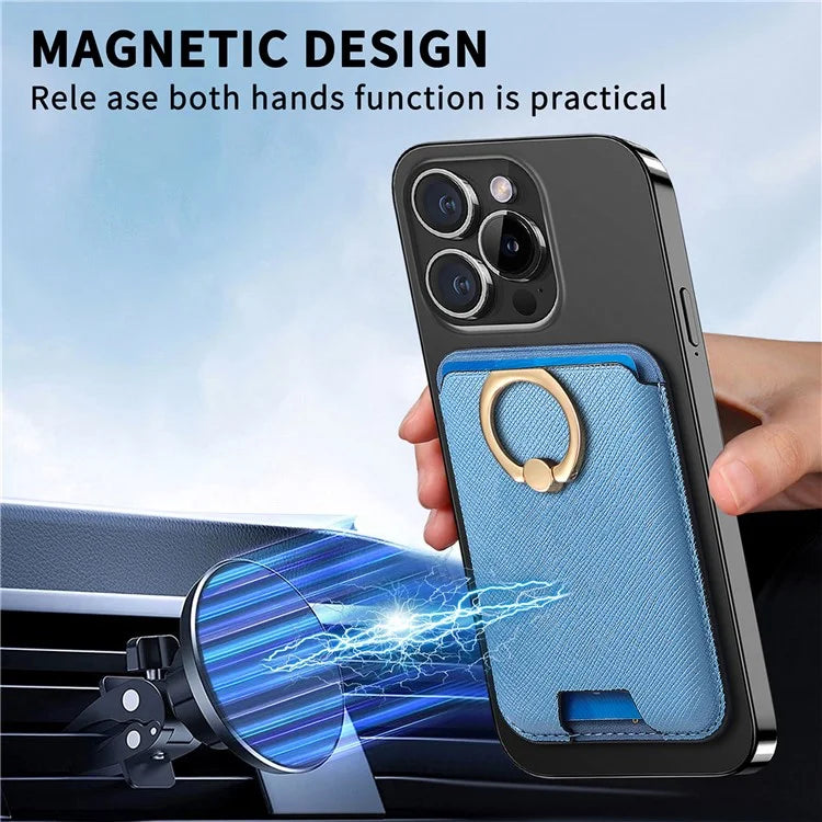 MC-W9 Magnetic Card Holder Ring Holder Kickstand Cross Texture Leather Phone Card Bag