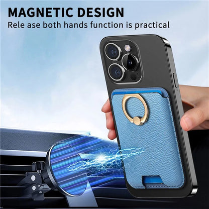 MC-W9 Magnetic Card Holder Ring Holder Kickstand Cross Texture Leather Phone Card Bag