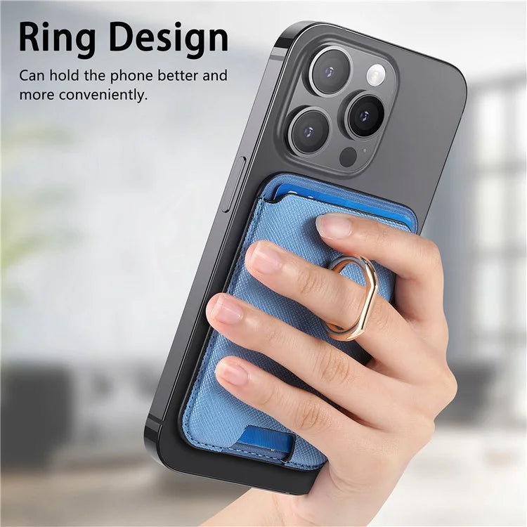 MC-W9 Magnetic Card Holder Ring Holder Kickstand Cross Texture Leather Phone Card Bag
