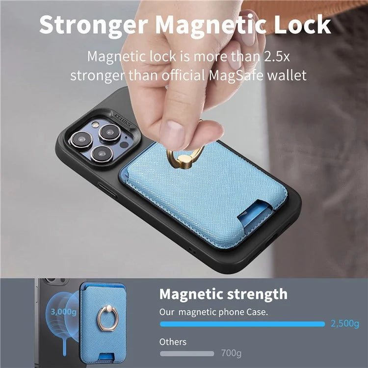 MC-W9 Magnetic Card Holder Ring Holder Kickstand Cross Texture Leather Phone Card Bag