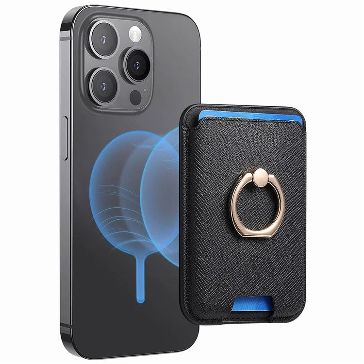 MC-W9 Magnetic Card Holder Ring Holder Kickstand Cross Texture Leather Phone Card Bag