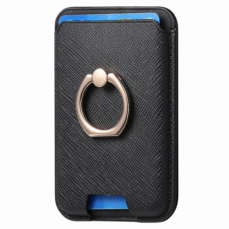 MC-W9 Magnetic Card Holder Ring Holder Kickstand Cross Texture Leather Phone Card Bag