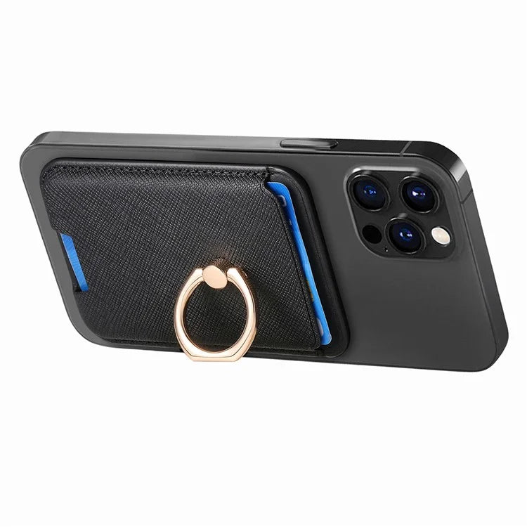 MC-W9 Magnetic Card Holder Ring Holder Kickstand Cross Texture Leather Phone Card Bag